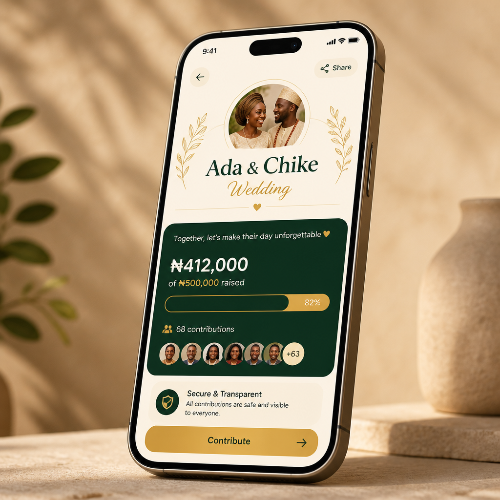 MamaSave shared contribution event page showing the Ada & Chike Wedding cover, ₦412,000 raised of a ₦500,000 target, the contributor list and a Contribute button