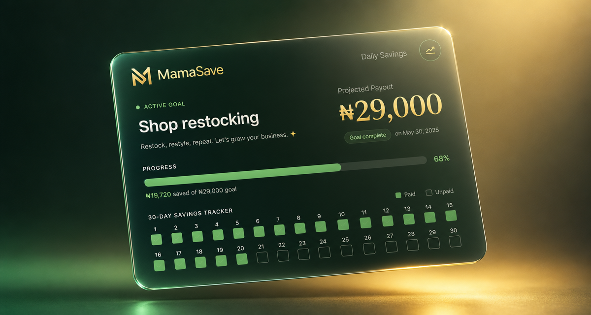 MamaSave daily savings dashboard card showing a shop restocking goal at 68% with a 30-day paid-day tracker and ₦29,000 projected payout