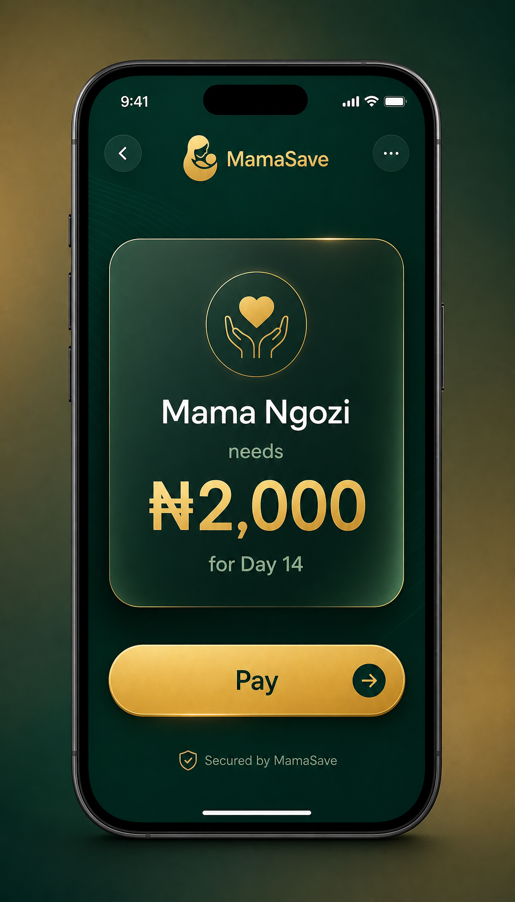 HelpMePay link card showing Mama Ngozi needs ₦2,000 for Day 14 with a Pay button