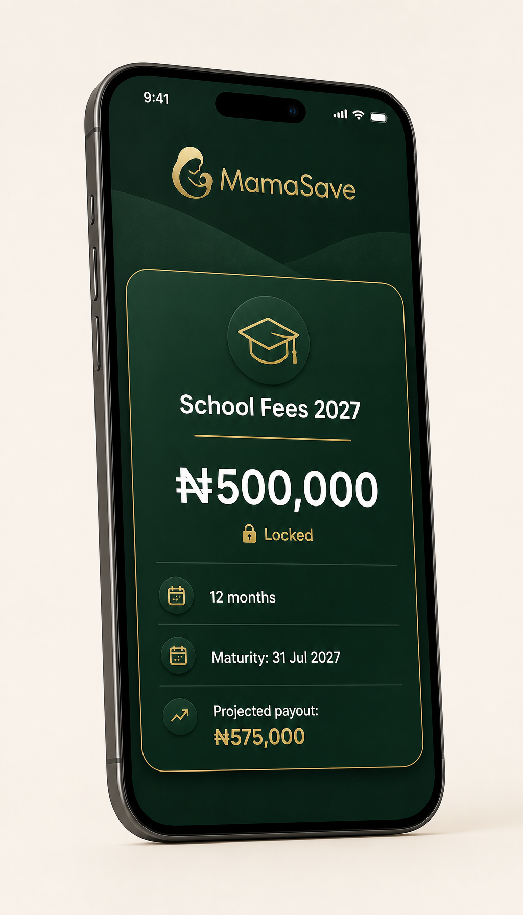 WealthPot card showing School Fees 2027 with ₦500,000 locked for 12 months and a projected payout of ₦575,000